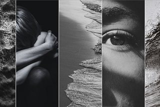 A collage of images of the sea, arms entwined and the eye in half a face