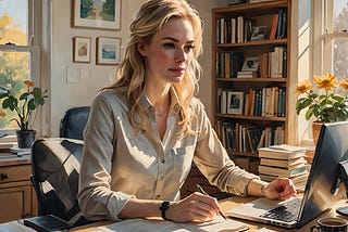 Young blonde woman hard at work optimizing Substack for maximum reach