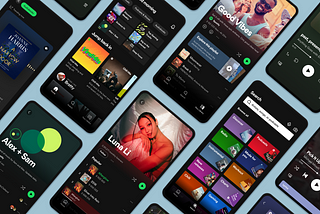 Repeating pattern of mobile phones with different Spotify pages