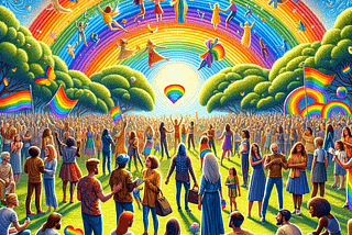 A colourful image full of rainbows and rainbow metaphors. A large group of people are happy and celebrating.