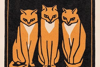 White, orange, and black woodcut print of three orange tuxedo cats sitting next to each other.