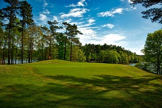 The fairway of a golf course lined with trees.