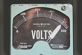 A mid-20th-century voltmeter with the needle pointing to near-maximum voltage of 415.