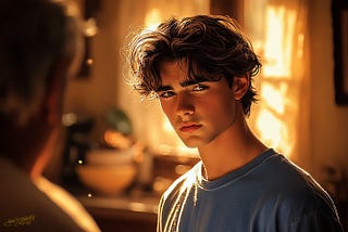 Image of a tense Opey from the shoulders up facing his father. A view of the back of his dad’s head is at the left. They are in a kitchen.