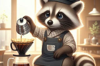 An adorable raccoon, wearing a stylish coffee barista apron and cap, is diligently brewing a cup of coffee using the V60 pour-over method. The raccoon is intensely focused, with its little paws expertly handling the coffee dripper. The background depicts a cozy coffee shop setting with soft lighting, conveying a warm and inviting atmosphere.”