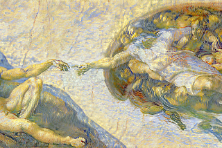Michelangelo’s Creation of Adam in the artistic style of Monet created using the machine learning program runwayML.