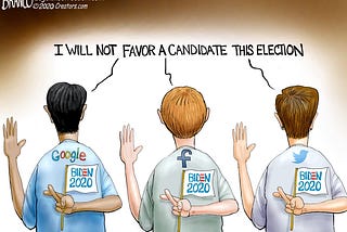 A cartoon of Big Tech going against their promises against partiality.