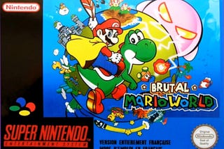 Image: Box art for Brutal Mario World, featuring Mario riding Yoshi in front of a planet dotted with the game’s encounters.