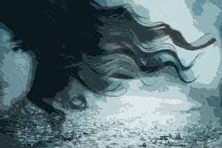 A styllized illustration of the side of a woman’s face with long dark hair streaming in the wind.