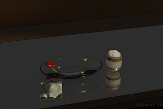 A kitchen countertop, after eating a burger. A latte remains right next to the dish to be consumed.