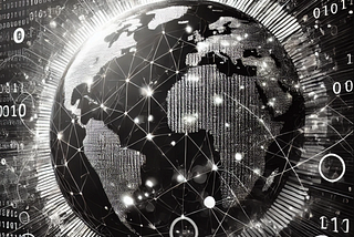 Black and white digital globe with binary codes and network connections representing global cyber security.