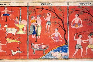 Karni-Bharni painting depicting 3 of the 7 Jain hells from manuscript of Samghayanarayana, India, 17th century. Source- Wikimedia Commons