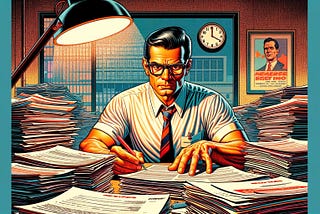 DALL-E generated image of a man in an office editing stacks of resumes late into the night.