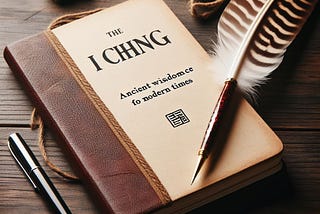 The Book of Changes is placed on a wooden table with a feather and a pen next to it.