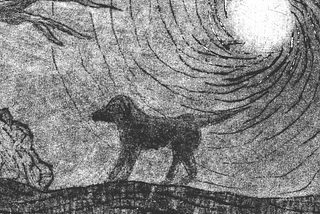 Black and white monotype etching of a small dog beneath the sun’s rays
