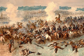 French cavalry charge at the 1859 Battle of Solferino, with the 5th Hussars attacking through gun smoke and fallen soldiers in the foreground.