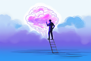 An image of a person climbing a ladder towards a brain like they are observing it