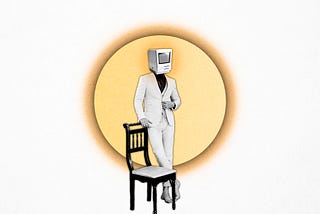 Illustration of man with a computer in place of a head stands next to a chair.