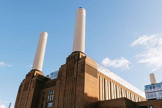 Exterior of Battersea Power Station, with a view of 3 of the 4 chimneys.