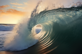 View through a huge ocean wave curl with the horizon and a setting sun in the distance.