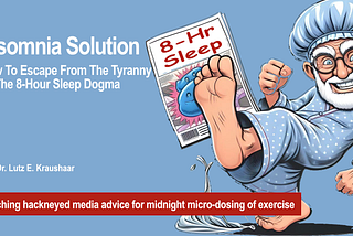 An older gentleman in his pajama kicking an “8 Hours Sleep” brochure
