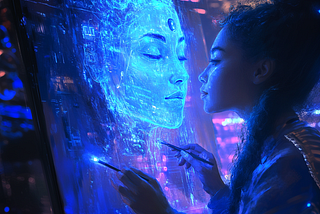 A creative artist collaborating with an advanced AI assistant, designing an awe-inspiring futuristic painting. The AI is a holographic projection, emitting neon blue light, while the artist holds a stylus or tablet. High detail,