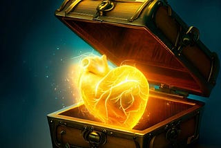 A treasure chest containing a glowing gold heart