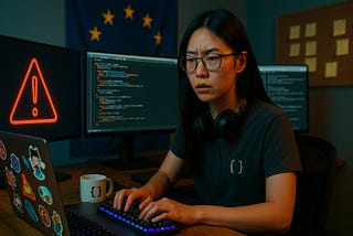 A focused software developer in a dimly lit office types on a back‑lit keyboard; one monitor shows a red warning triangle, another displays source code, while an EU flag hangs in the background — capturing the urgency of complying with European cybersecurity rules.