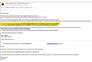 Email response from Majha Morya Ganesh Idols addressing an inquiry about international shipping.