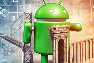Large Android mascot integrated with city architecture; background has tech icons and diagrams, blending digital and physical worlds.