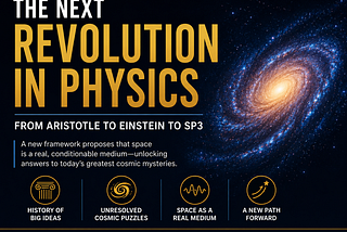 A modern science-themed poster titled “The Next Revolution in Physics.” The design features a large glowing spiral galaxy on the right against a deep blue star-filled space background. On the left, bold gold and white typography reads “The Next Revolution in Physics, From Aristotle to Einstein to SP3.” Smaller supporting text explains that a new framework proposes space behaves as a real, conditionable medium that may help explain unresolved cosmic mysteries. Along the bottom are minimalist gold