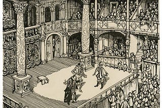 C. Walter Hodges’ imagined reconstruction of Shakespeare’s Merchant of Venice, act 1, scene 3, being performed in an Elizabethan theatre.