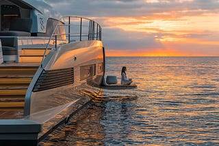 Sunset meditating on the private yacht, sunset time