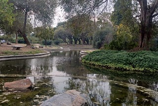 Popular park, known as Sundar Nursery with a big pond surrounded with a few trees