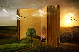 A book standing on end with its pages open. Leading up to those open pages is a track, cutting through a grass paddock and leading up to the book’s pages. As it nears the pages, there is a shady tree with a bench underneath, so you can sit and read.