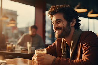 a healthy and happy man drinking coffee in a coffee shop while the sun rises