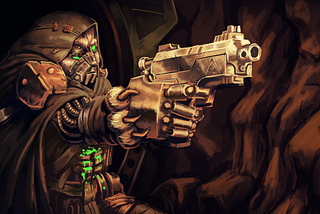 A bulky-looking intimidating hooded creature holding up a gun with a hand that appears mechanized.