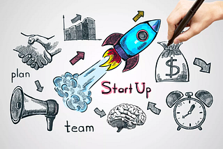 Hand-drawn illustration of a blue rocket surrounded by a bag of dollars, a business chart, a handshake, a brain, a megaphone and the words ‘Start Up’.