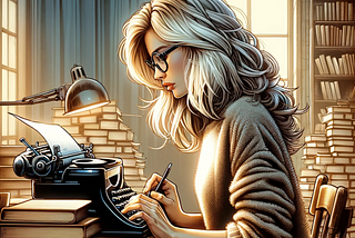 Image created by Dall-E 3 — woman writing a novel on a typewriter