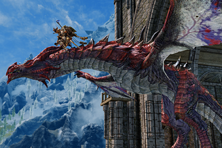 A screenshot from The Elder Scrolls V: Skyrim, which shows a dragon about to take flight with my player character mounted upon its neck.