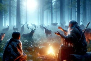 Elder storyteller telling tales next to a campfire at night