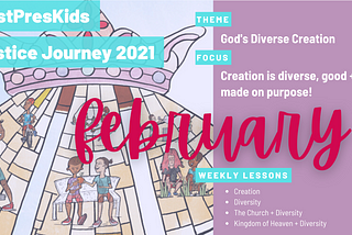 Illustration, diverse children interacting over a stained-glass crown motif with text Justice Journey God’s Diverse Creation