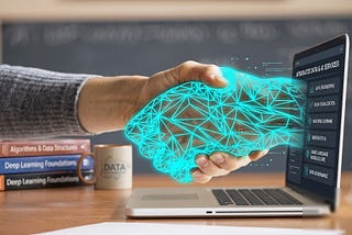 A human hand shaking a glowing cyan digital mesh hand emerging from a laptop screen, symbolizing how developers can build AI agents locally using open-source tools instead of expensive APIs.