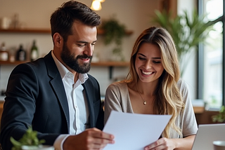 Couple reviewing detailed wedding photography contract with reliable vendor, preventing ghosting issues