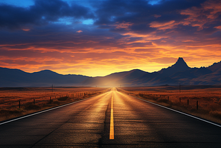 A road leading away from a sunrise at sunset, highly realistic style, with dark amber and azure colors, expansive image