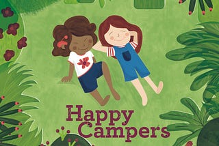 Two cartoon kids lay beside each other, with “Happy Campers” text
