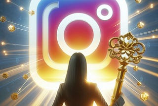 Person holding up golden key in front of Instagram logo, symbolizing unlocking opportunities and wealth on the platform.