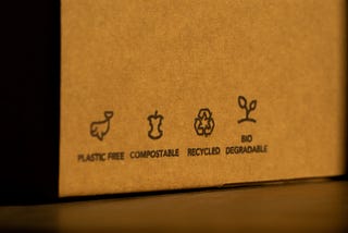 Cardboard box with the words ‘plastic free, compostable, recycled, bio degradable’