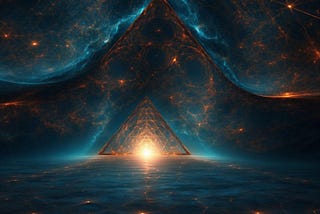 A brilliant core of Light inside a mystical, holy triangle surrounded by images of a vast, unending universe