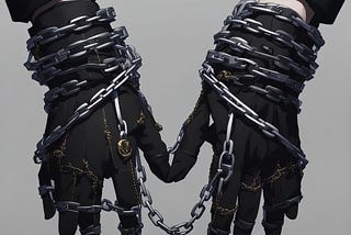 A person’s hands heavily bound in chains. They’re wearing a black suit-jacket and black gloves, no background visible.